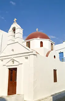Mykonos Prints: Beautiful white building church in beautiful island of Mykonos Greece