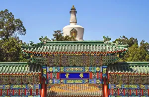Pavilion Prints: Beihai Park, Beijing, China. Two Chinese characters say cloud pile referencing white stupa above