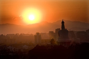 Dynasty Prints: Beihai Stupa with Sunset and Mountains in Background, taken from Jinshang Park, Beijing