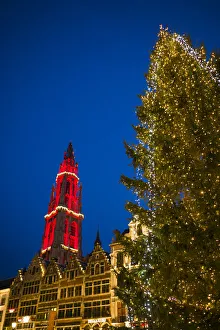 World Locations Prints: Belgium, Antwerp, Groenplaats, Onze-Lieve-Vrouwekathedraal cathedral, winter, dusk