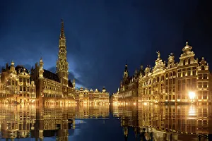 Town Square Prints: Belgium, Brussels. Grand Place main square lit at twilight