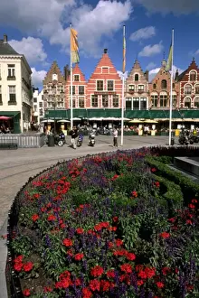 Carriage Prints: Belgium Great cafes and flowers with tourists in Marketplace in beautiful downtown