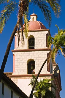 Bell Tower Prints: Bell tower and palms at the Santa Barbara Mission (Queen of the missions), Santa Barbara