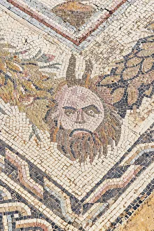 Roman Prints: Ben Arous, Tunisia. Roman mosaic floor with the head of a satyr at the Uthina Archaeological Site