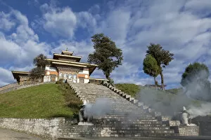 Bhutan, Dochu La, Incense burns at base of stairs to Druk Wangyal Lhakhang Temple
