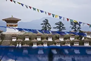 Pass Prints: Bhutan, Dochu La. Prayer flags float above 108 stupas at Dochu La pass
