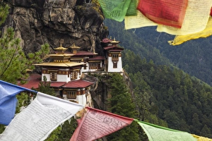 Tigers Nest Prints: Bhutan, Paro. Taktsang Monastery, known as Tigers Nest hangs