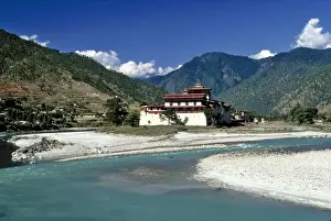 Dzong Prints: Bhutan, Punaka. The Mo Chhu River flows past Punaka Dzong in Bhutan