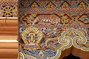 Décor Prints: Bhutan. Traditional hand painted and carved wooden architectural detail with tiger