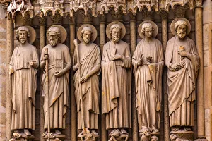 Saint Prints: Biblical Saint statues and door, Notre Dame Cathedral, Paris, France