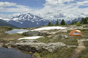 Hiking Prints: Big Agnes tent in backcountry campsite. Yellow Aster Butte Basin, Mount Baker Wilderness