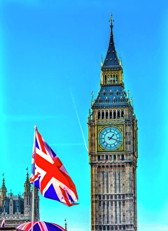 Prints of Big Ben and British Flag, houses of Parliament, Westminster, London, England Images Dated 2024 September: Big Ben and British Flag, houses of Parliament, Westminster, London, England