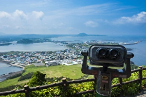 Jejudo Prints: Binoculars on top of the Ilchulbong tuff cone, Sunrise Peak, Unesco world heritage