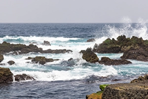 Terceira Prints: Biscoitos, Terceira Island, Azores, Portugal. Surf crashing on lava rocks