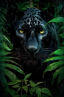 Waiting Prints: Black leopard face in a rainy jungle foliage. DanitaDelimont.com (AI)
