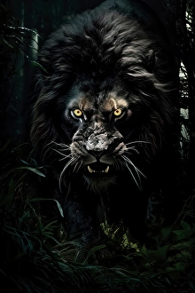 Lion Prints: Black lion in jungle at night. ©Jim Zuckerman / Jaynes Gallery / DanitaDelimont