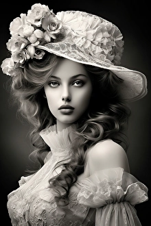 Nostalgia Prints: Black and white of 1890's female fashion model in hat and white lace