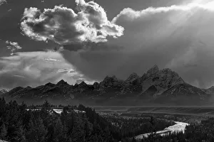 Black and white Grand Teton National Park, Wyoming: Dramatic sky at Snake River Overlook