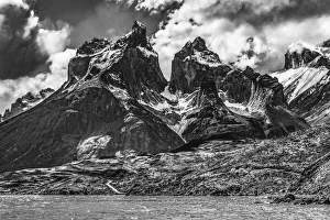 Black and white Large Pehoe Lake Lago Paine Horns three granite peaks
