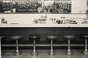 Palm Springs Prints: Black and white picture of diner interior, Palm Springs, California, USA