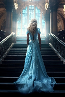 Stairway Prints: Back of blonde female model in blue dress on stairway
