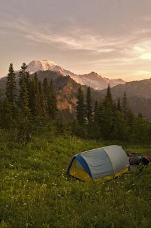 Images Dated 21st August 2006: Blue backpacking tent in the Tatoosh Wilderness with a view of snow covered Mt. Rainier