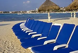 Playa De Carmen Prints: Blue Chairs on the sandy beach at Playa del Carmen; Yucatan Peninsula; Mexico