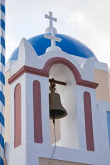 Architecture Prints: Blue domed Greek Orthodox church with bell in Oia, Santorini, Greece