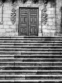 Gothic Prints: Blue entry door, adorned by branches of grapes
