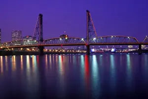 Willamette River Prints: Blue, purple and red post-sunset sky over Hawthorne Bridge and the Willamette River Portland