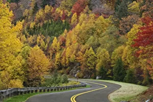 Blue Ridge Parkway winding through southern Appalachian Mountains in autumn, near