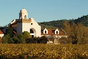 Blue sky and fall colors on the vines surround Groth Vineyards & Winery on Oakville