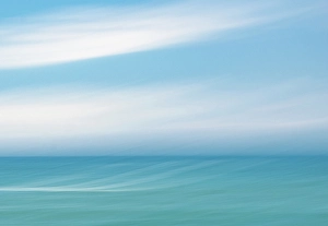 Turquoise Prints: Blue and white abstract blur of sea and sky