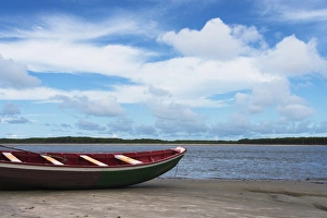Maranhao Prints: Boat on the beach along the Preguicas River, Atins, Maranhao State, Brazil