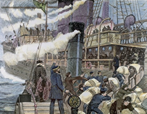 Captain Prints: Boat carrying goods in the port of London. 19th century colored engraving
