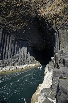 Volcanic Prints: Boat at entrance to Fingals Cave, Staffa, off Isle of Mull, Scotland, United Kingdom