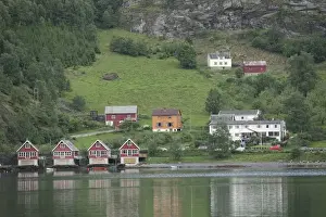 Southern Fjord Prints: Boat houses in Beautiful Flam; situated in the innermost part of the Sognefjord surrounded