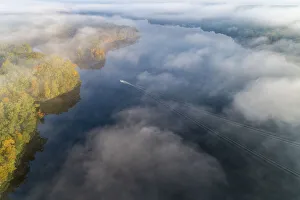 Prints of Boat on lake in fog in fall at Stephen A. Forbes State Park, Marion County, Illinois Images Dated 2020 May: Boat on lake in fog in fall at Stephen A. Forbes State Park, Marion County, Illinois