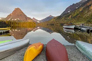 Images Dated 12th July 2014: Boats on calm morning at Two Medicine Lake in Glacier National Park, Montana, USA