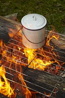 Central Otago Prints: Boiling water in a billy on a campfire, Central Otago, South Island, New Zealand