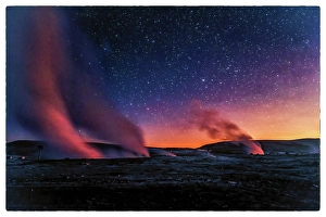 Volcanic Prints: Bolivia. Landscape view of geyser fields in Bolivia's Sol de Manana with Milky Way above
