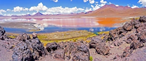 Bolivia Prints: Bolivia. Panorama view of Laguna Colorada, home to three of the six species of flamingos