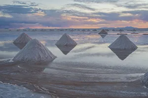 Images Dated 2nd June 2021: Bolivia, Uyuni, Salar de Uyuni. Cones of salt have been scraped up so that the salt will