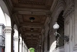 Emilia Romagna Prints: Bologna, Emilia-Romagna, Italy - A carved and recessed decorative ceiling over an exterior walkway