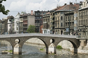 Bosnia Prints: Bosnia & Hercegovina- Sarajevo. Latin Bridge over the Miljacka River- Here in 1914
