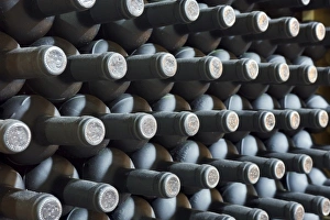 Oenology Prints: Bottles with aging wine in cellar at Chateau Changyu-Castel
