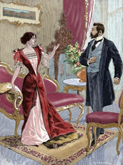 Beard Prints: Bourgeoisie. Gentleman with a lady in the living room. Colored engraving. 1897