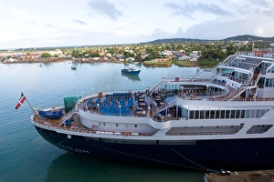 Images Dated 6th August 2015: The bow of a cruise ship in the harbor in St. Johns, Antigua, in the southern