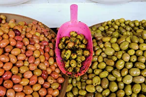 Medina Prints: Bowls of cured olives for sale at the Medina souk. Marrakech, Morocco