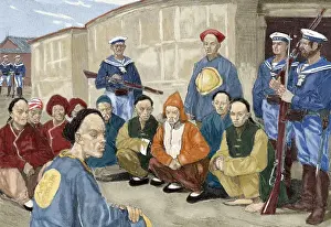 Chinese Prints: The Boxer Rebellion (1900). Boxer prisoners in a village in China guarded by German sailors